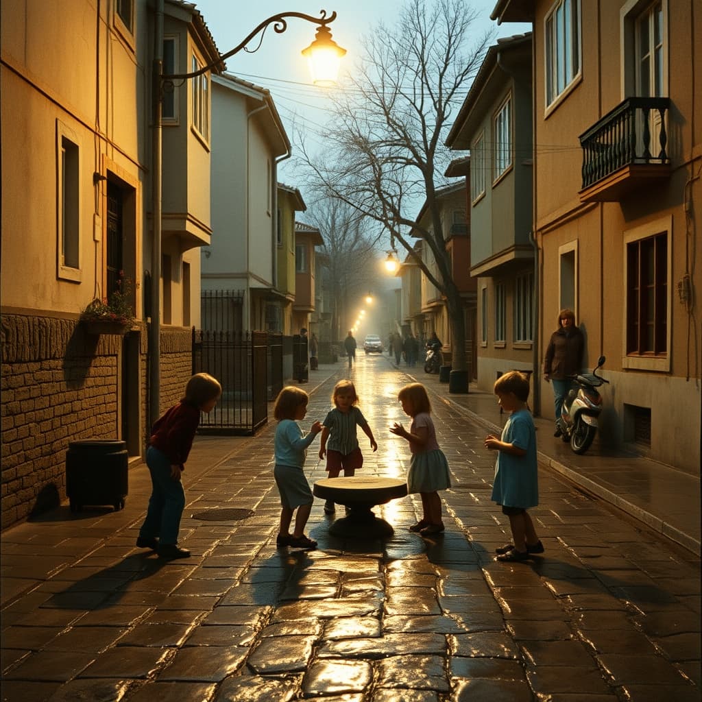 Children continue an evening street game beneath a lamp while neighbours watch from windows