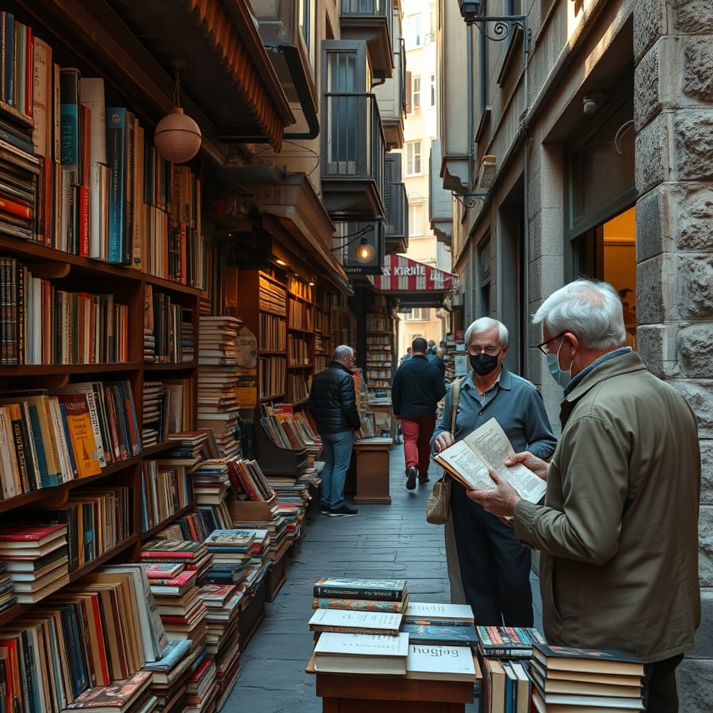 Readers browsing crowded shelves in a second-hand book market along a warm stone street