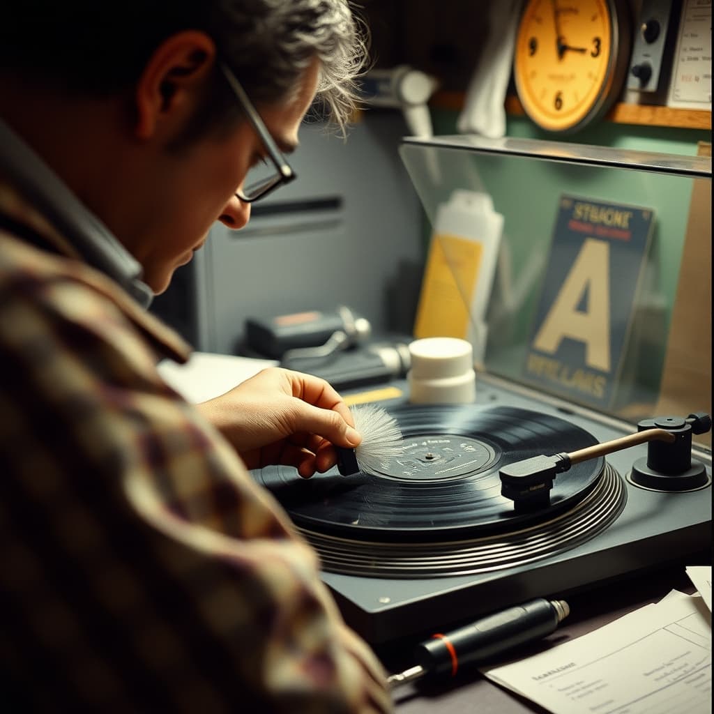 A technician gently cleans a vinyl record with a fine brush at a 1970s hi-fi repair counter
