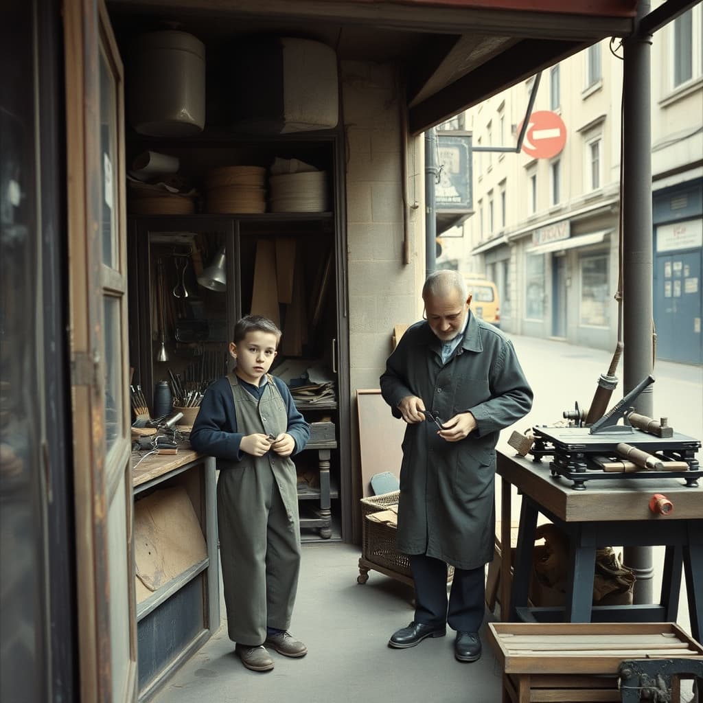 A young apprentice learning tool handling from a craftsperson in an open old-city workshop