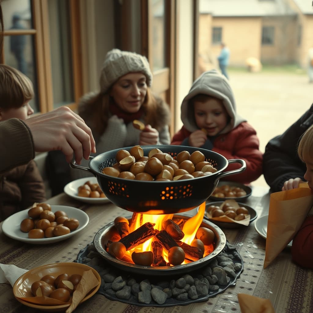 A family safely roasting and peeling chestnuts around a glowing coal fire in a nostalgic winter setting