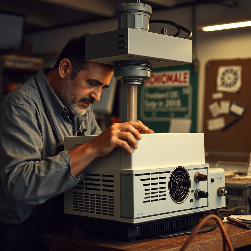 A repairer inspecting the lamp and Fresnel lens of a vintage overhead projector