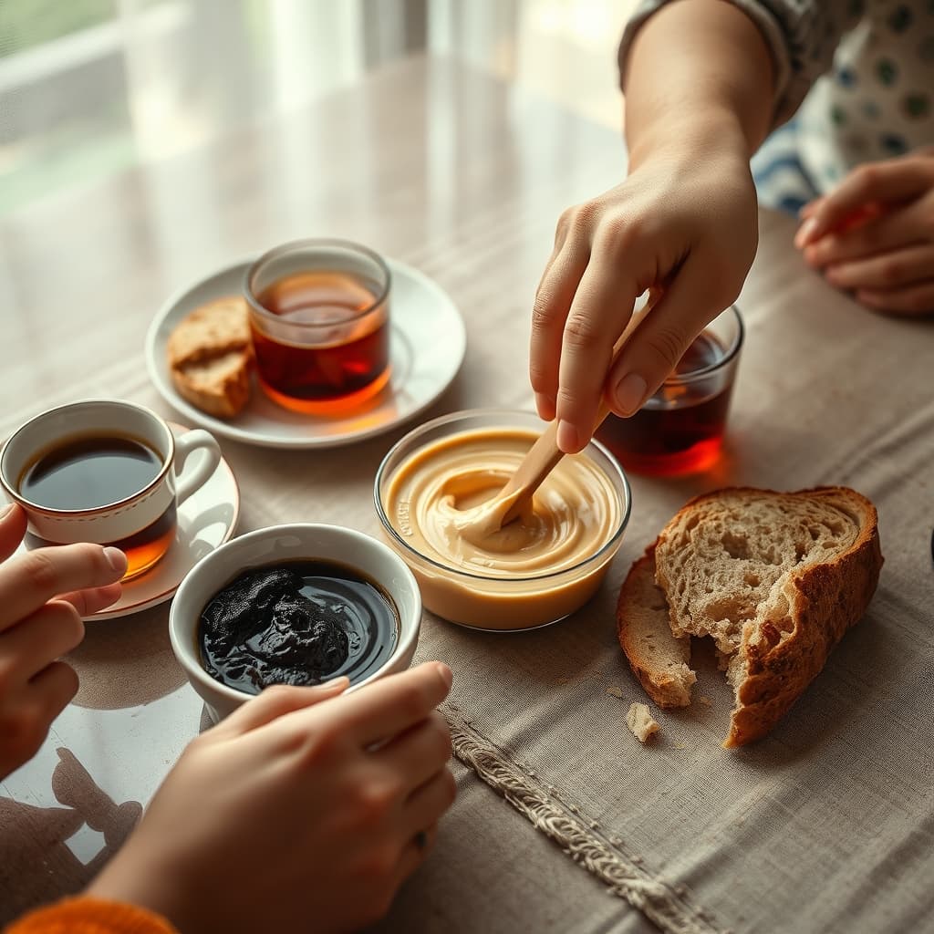Tahini and pekmez being mixed in a shared breakfast bowl beside bread and tea