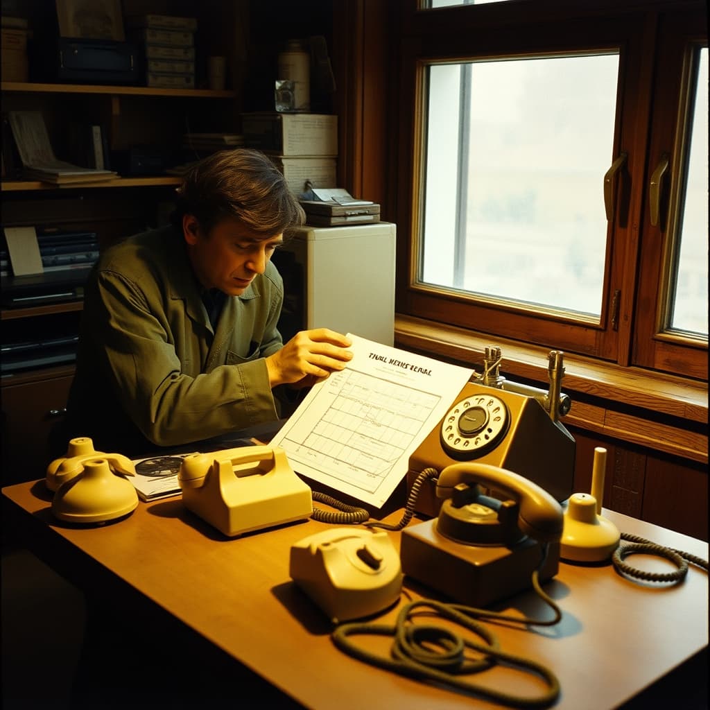 A technician carefully repairs the dial mechanism of a rotary telephone in a 1970s workshop