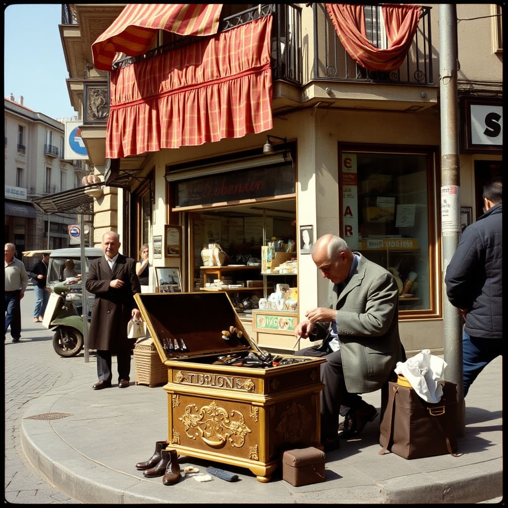 A skilled shoe shiner working with an ornate brass box on a busy 1970s Turkish street corner