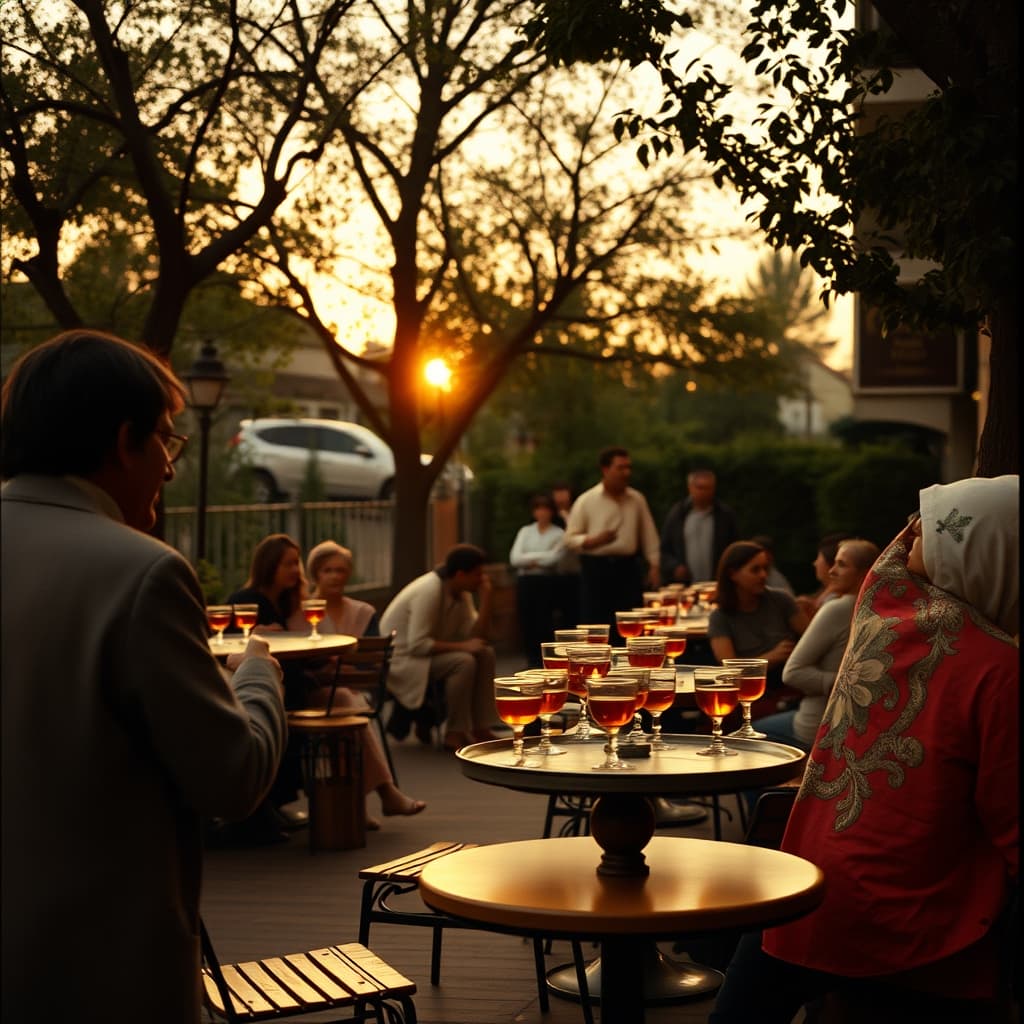 Friends and families sharing tea under trees at a neighbourhood tea garden on a summer evening