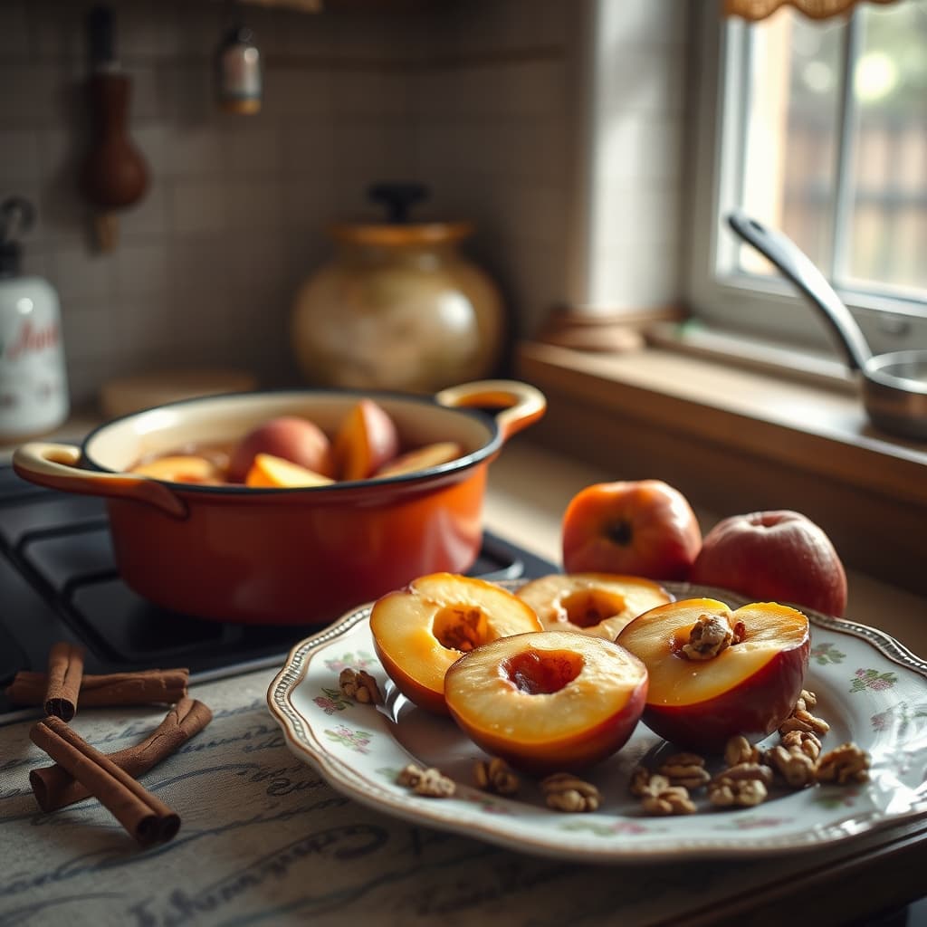 Quince dessert with cinnamon cooking in an enamel pan beside a finished serving plate with kaymak and walnuts