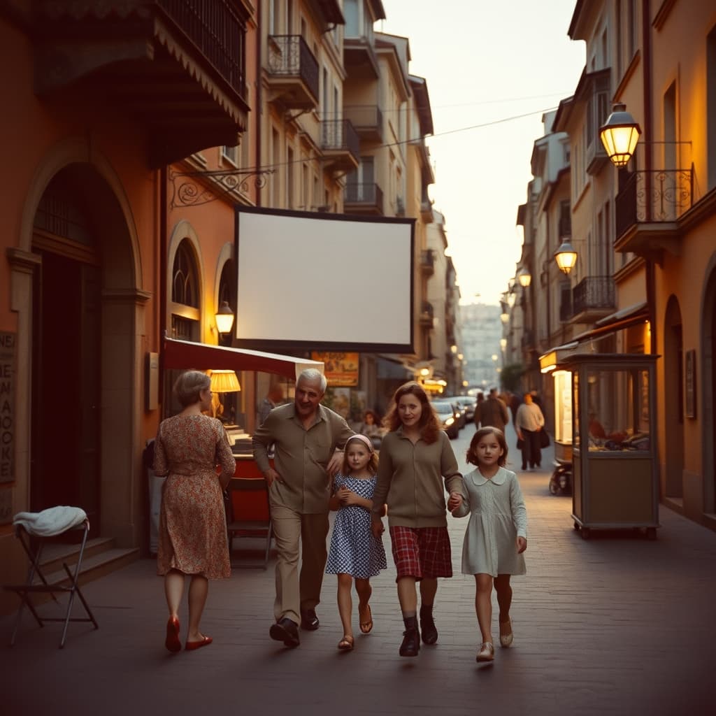 Families walking home together through an old neighbourhood street after an open-air cinema screening