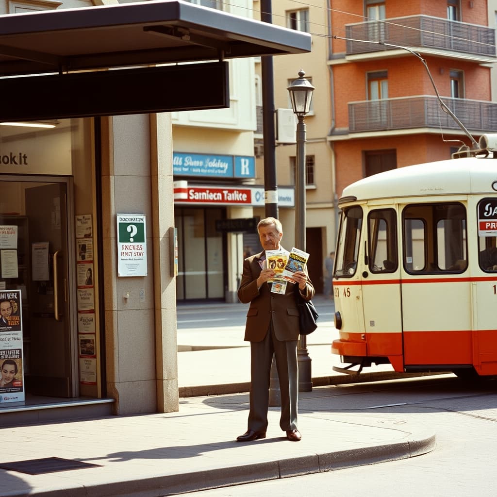 A handbill distributor offering printed flyers near a tram stop and local print shop