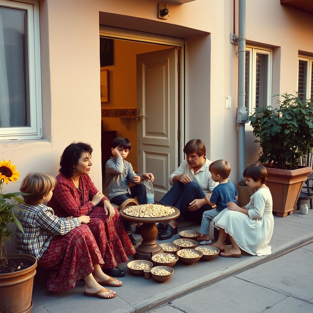 Neighbours share sunflower seeds and tea outside a 1970s apartment while keeping the entrance clean and accessible