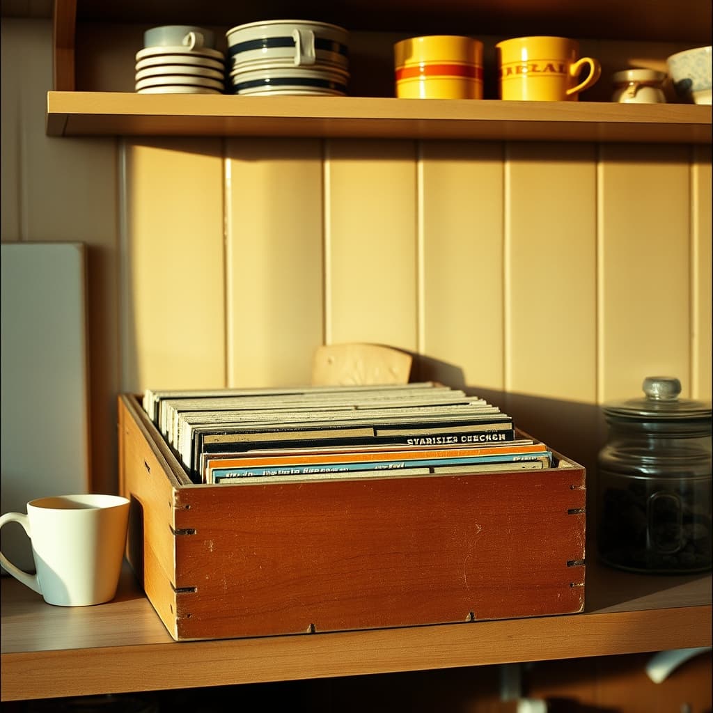 A worn wooden record box with vinyl records and handwritten dividers on a nostalgic kitchen shelf