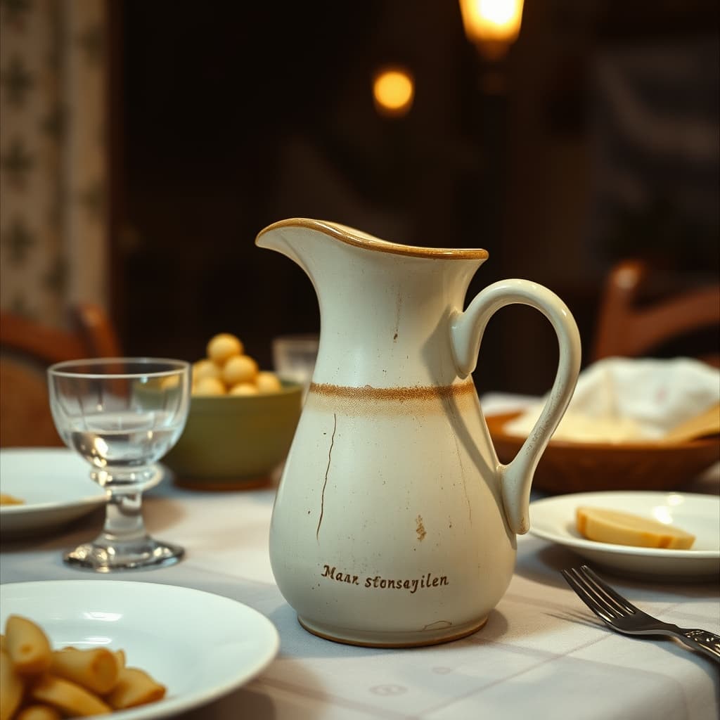A well-used ceramic pitcher with subtle glaze wear and a repaired handle stands on a 1960s family table