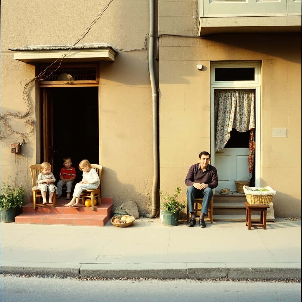 Neighbours talking on chairs at adjoining doorsteps while children play on an early spring street