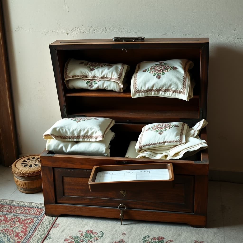 An open wooden dowry chest containing embroidered linens, a handwritten list and a small key