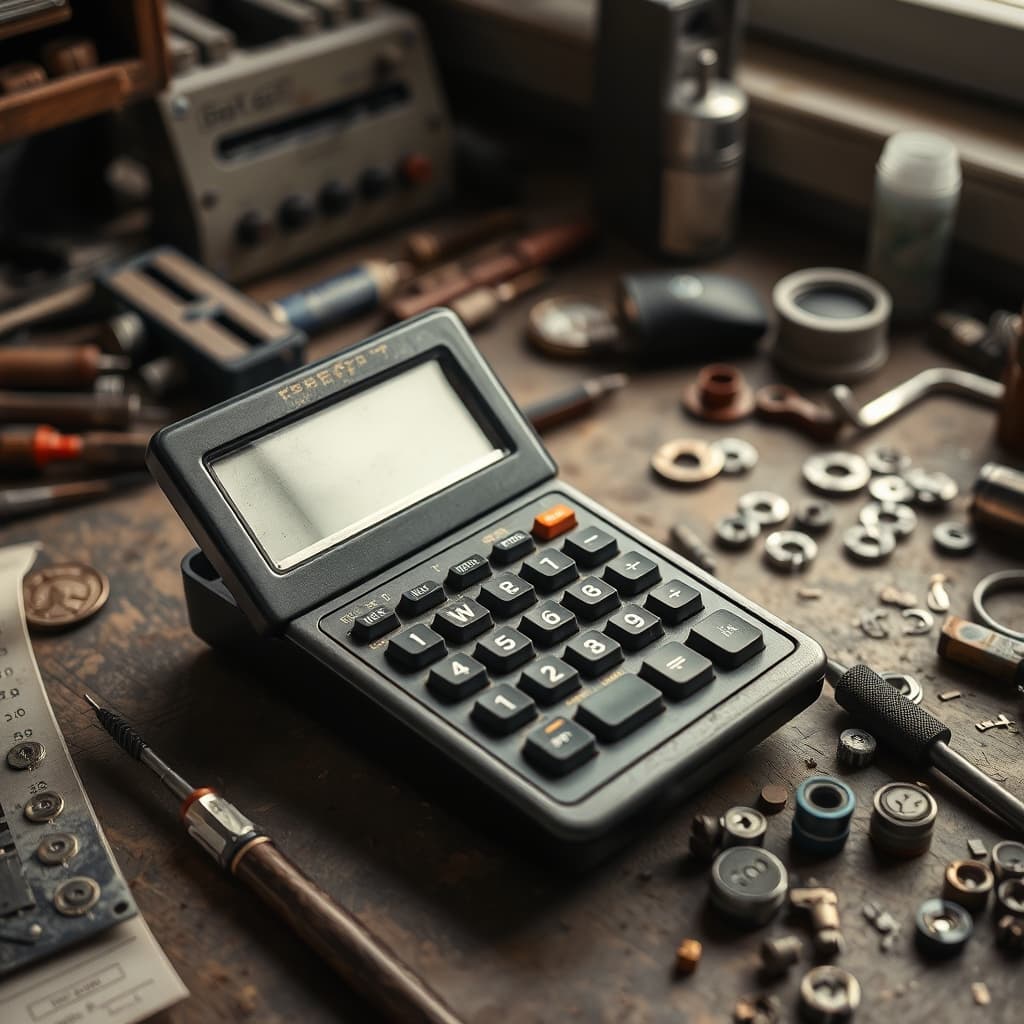 A worn calculator opened for careful diagnosis on a repair technician's organised workbench