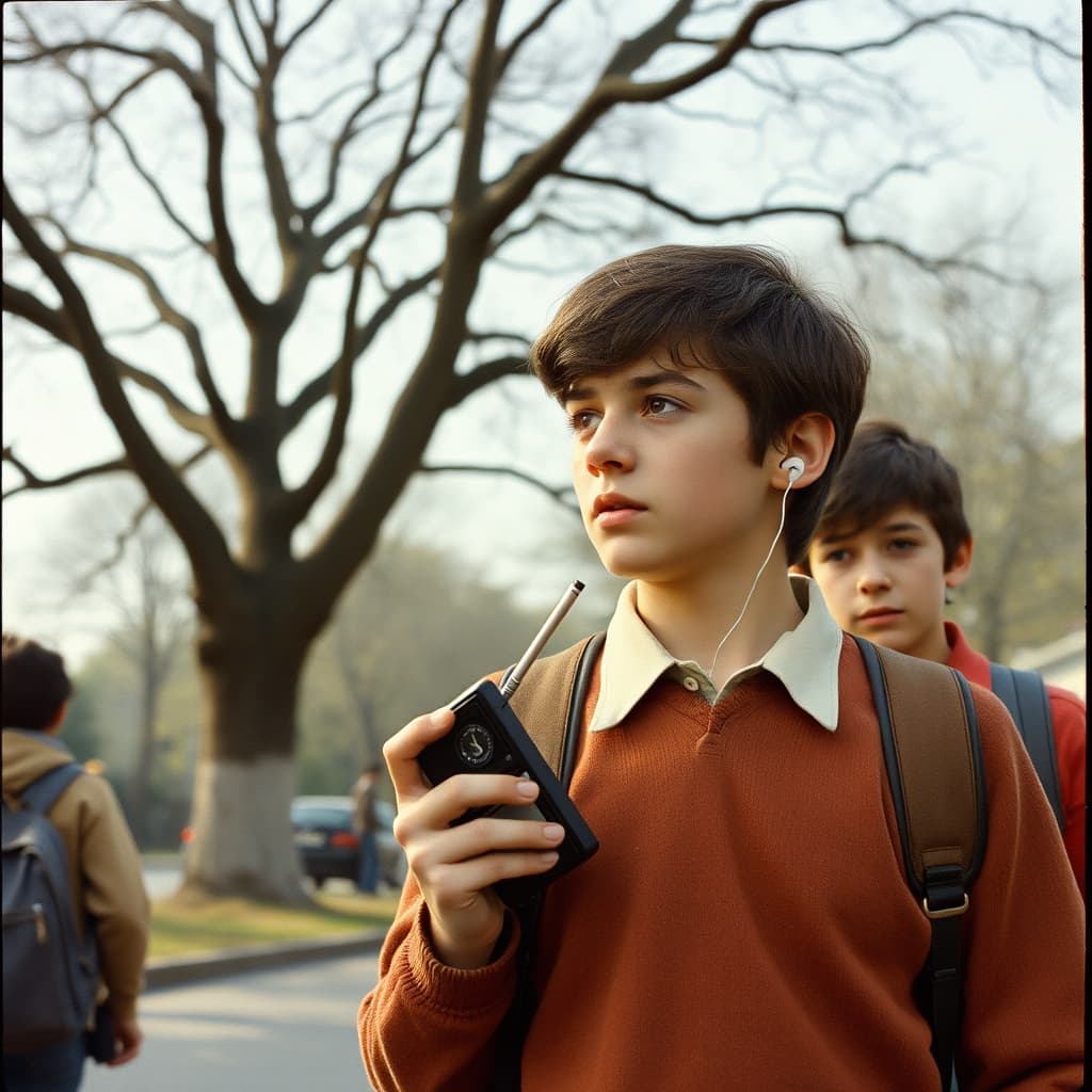 Students tune a small transistor pocket radio at a safe volume beneath a tree on a 1970s school route