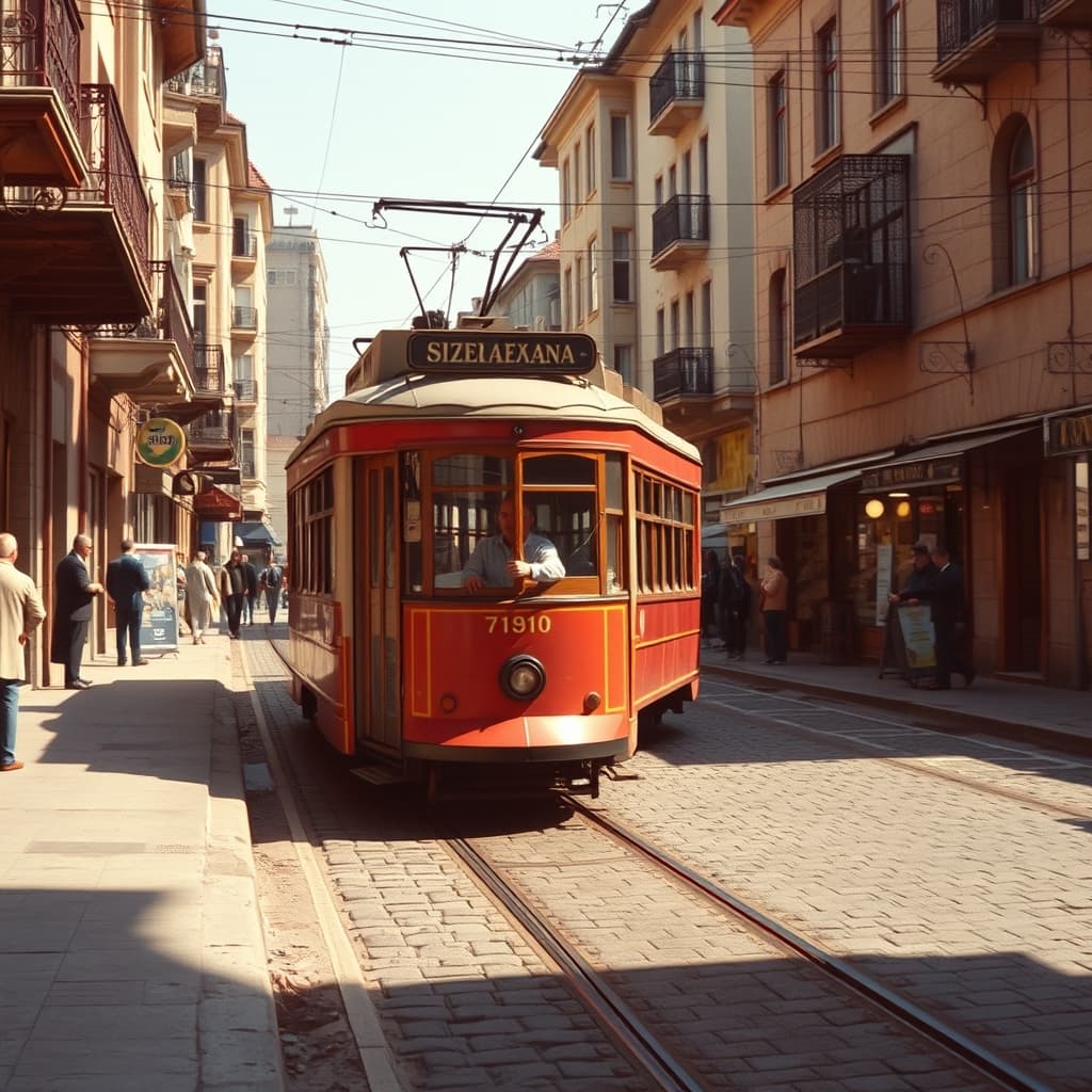 A historic tram arriving at a busy city stop beneath overhead wires and shopfronts