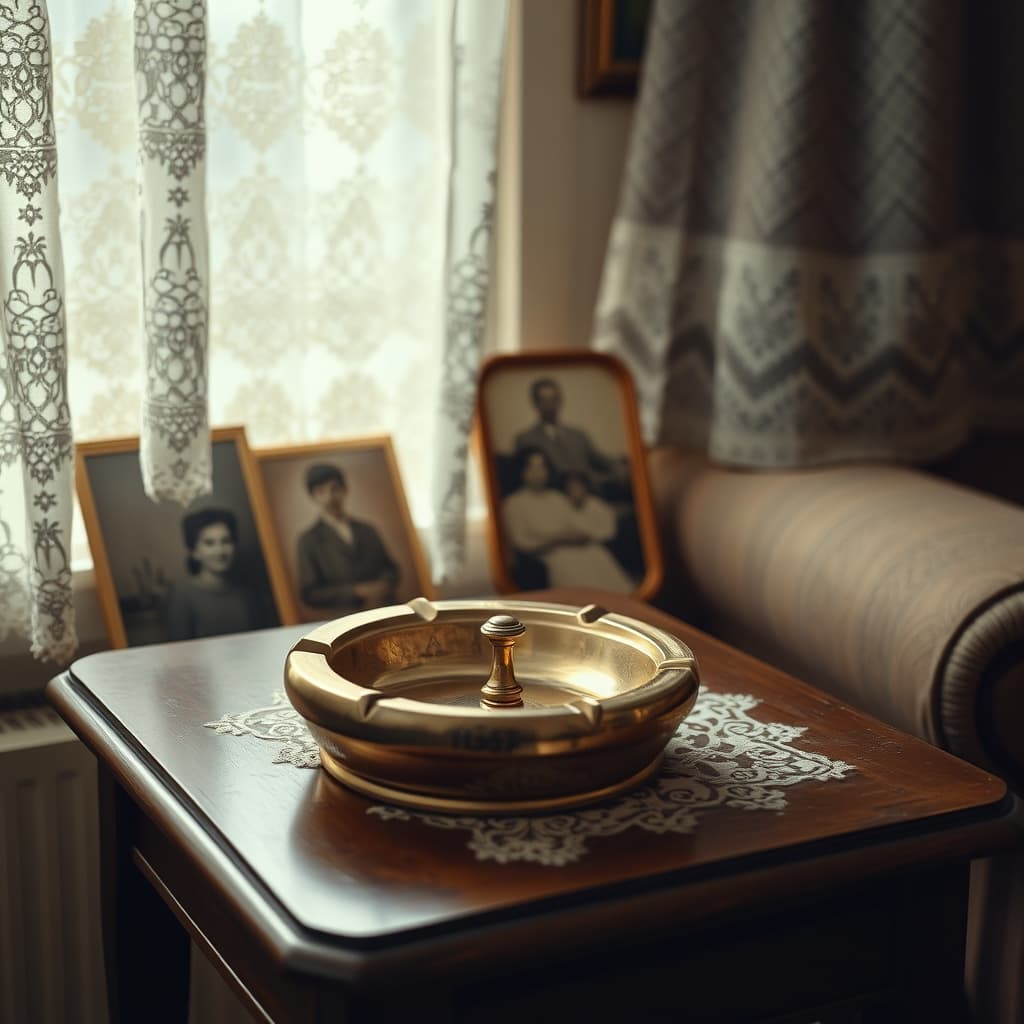 A patinated brass ashtray displayed as a historic household object on a 1960s side table
