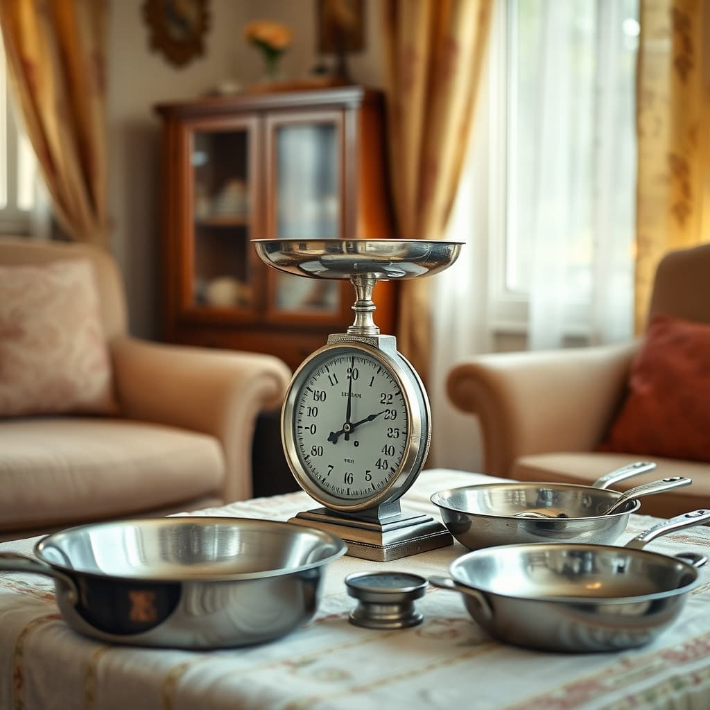 An old balance scale with pans and matching weights being carefully cleaned on a household cloth