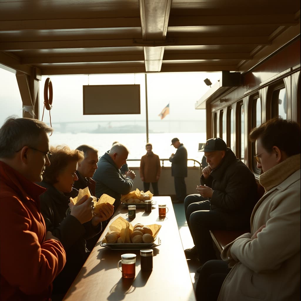 Commuters share simit and tea on the wooden deck of a 1960s Turkish morning ferry