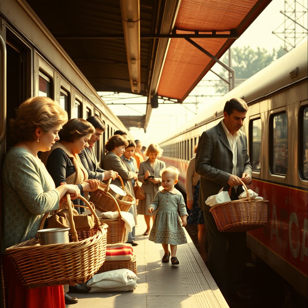 Families carrying picnic baskets and blankets while boarding a weekend train at a suburban station