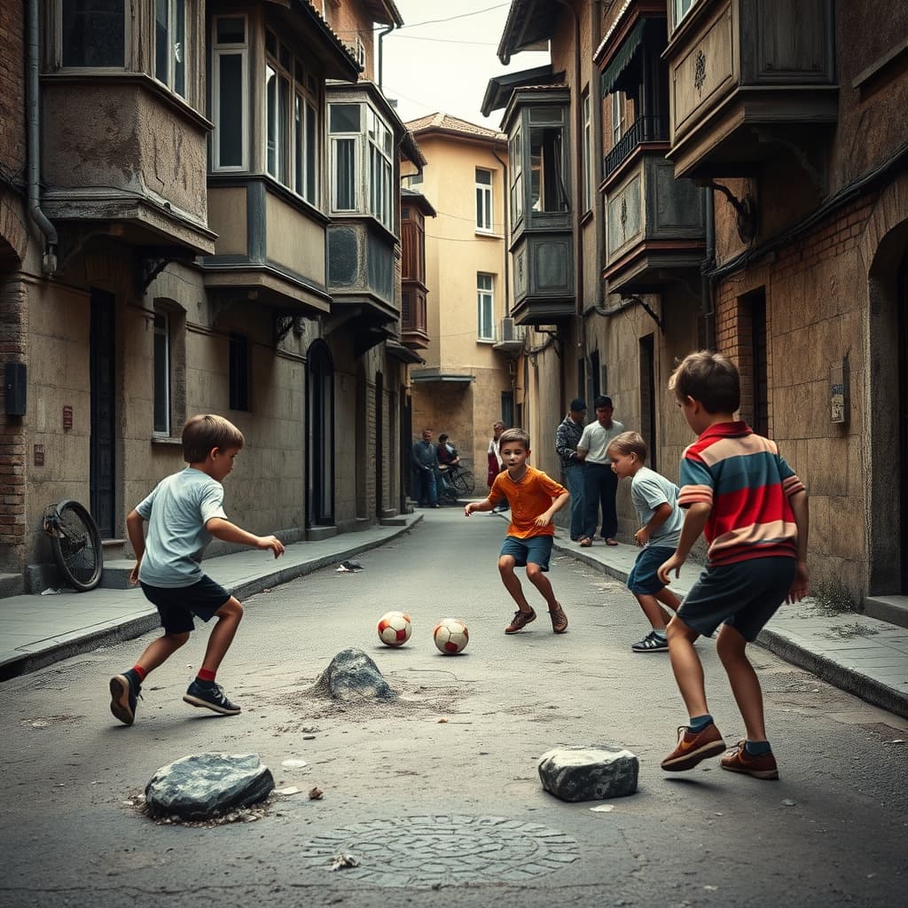 Children debating a disputed goal between stone goalposts during a neighbourhood street football match