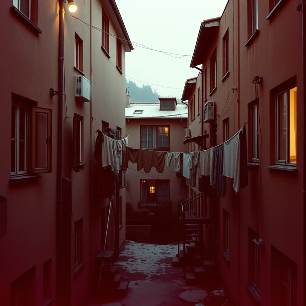 Neighbours speak across a 1960s winter courtyard where laundry hangs safely between apartment balconies