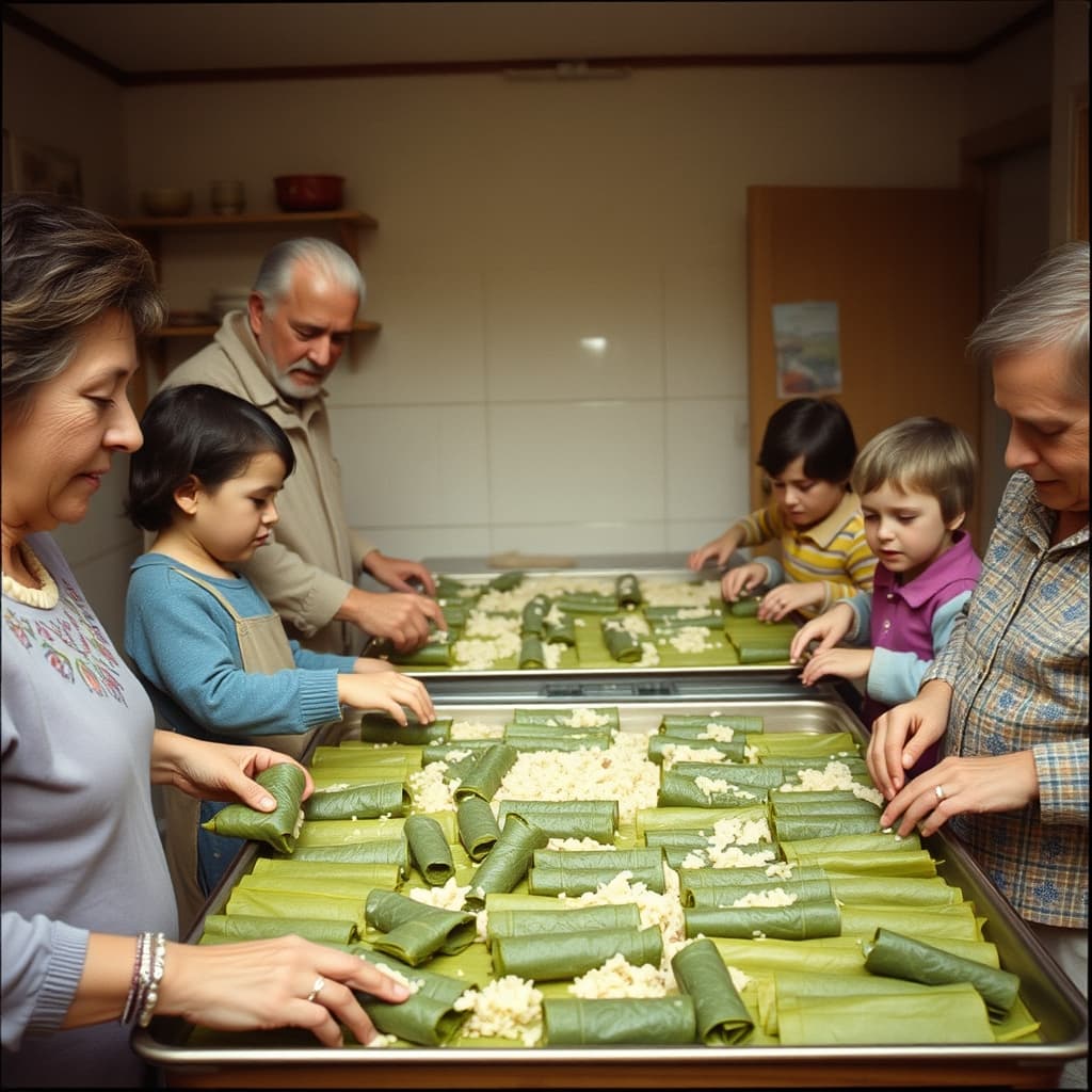 Several generations roll stuffed vine leaves together around a clean tray before a 1970s holiday meal