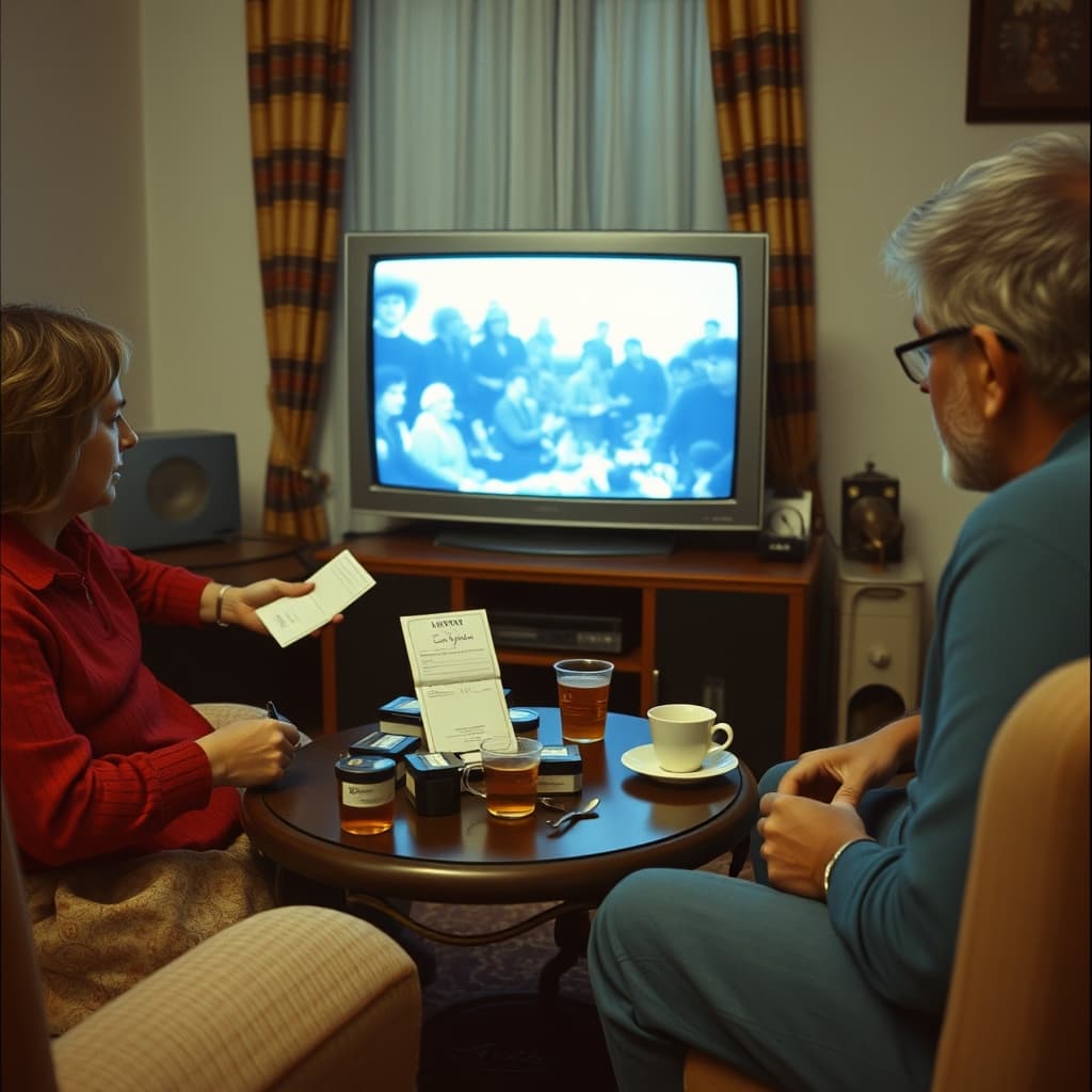 A family prepares a VHS cassette and adjusts the video player for film night in a late 1980s sitting room