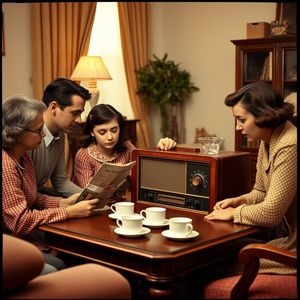 A family listening closely while one person tunes a wooden valve radio in the living room