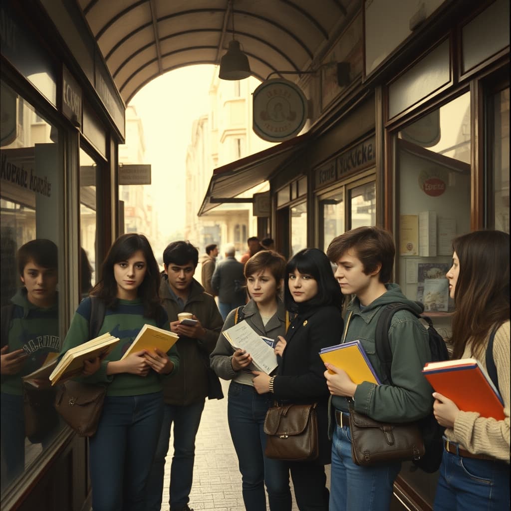 Students browse stationery and record shop windows in a Turkish city passage after school in the late 1970s