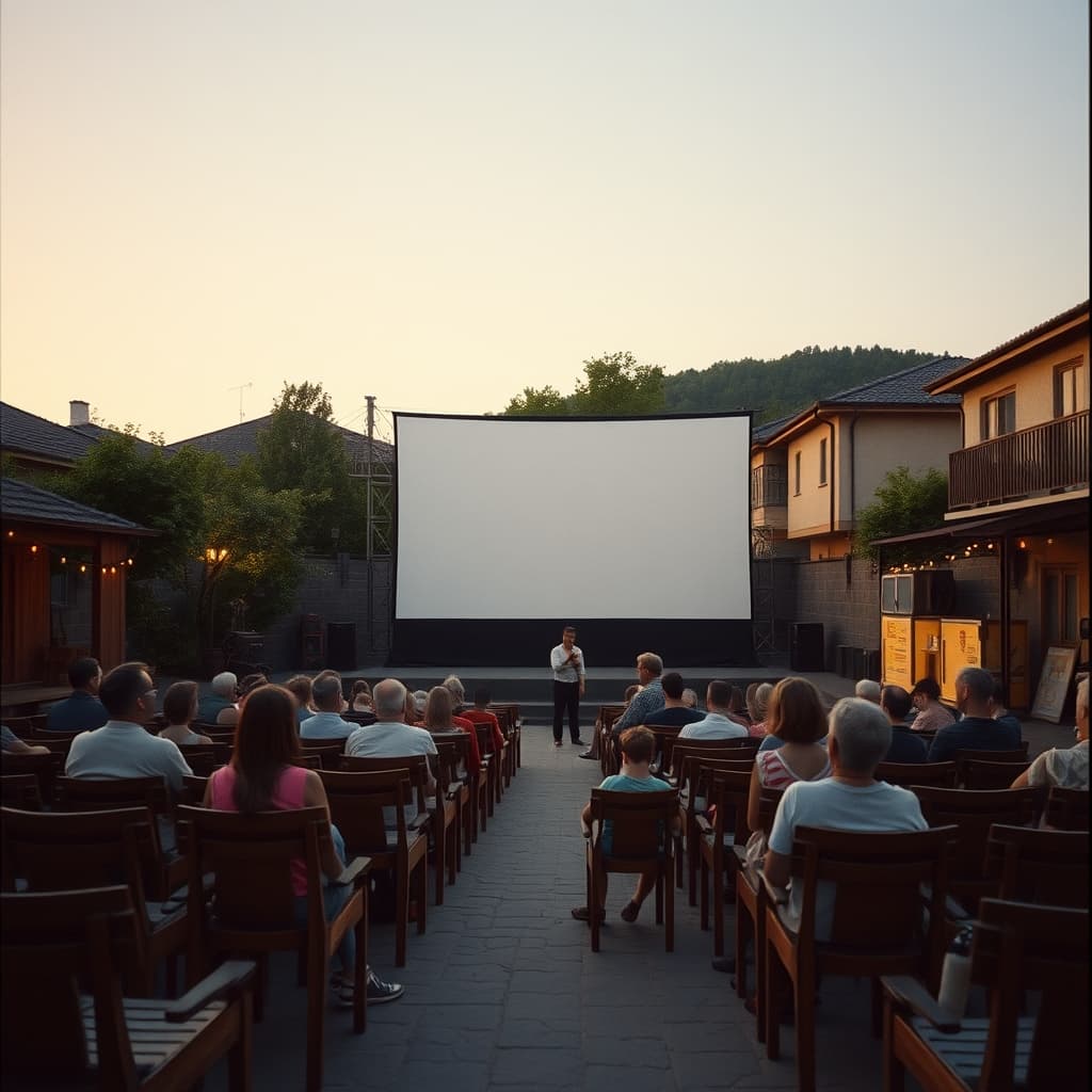 Families gather in a 1960s Turkish summer cinema as a projector casts light toward an outdoor screen beneath the stars