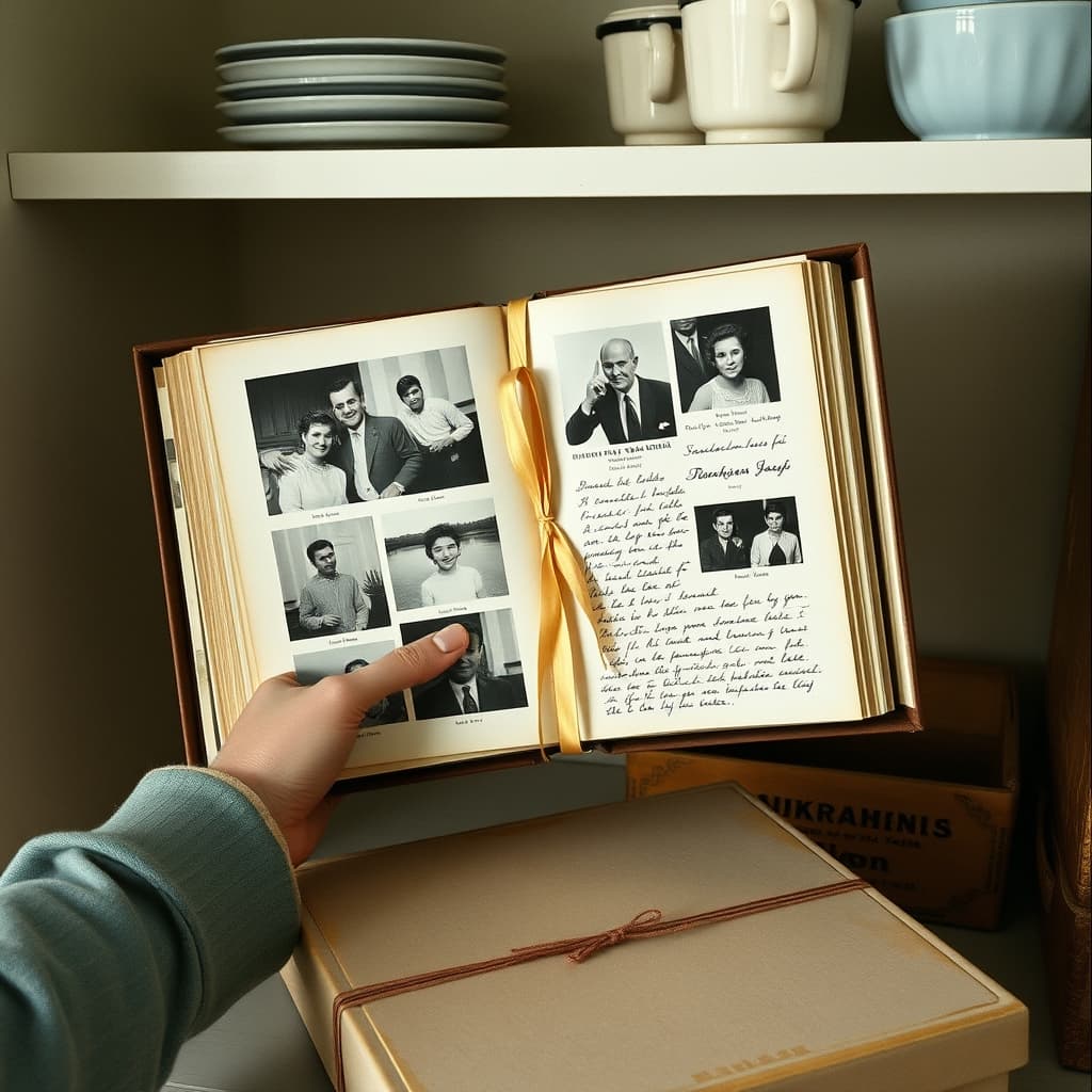 A ribbon-tied family album with mounted photographs is carefully moved from a kitchen shelf into archival storage