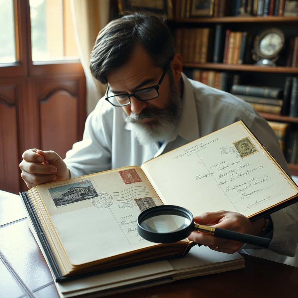 A collector studies postcard fronts, postmarks and publisher clues in a carefully preserved vintage album