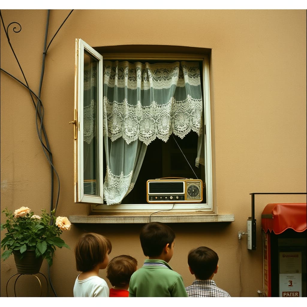 A tabletop radio playing through an open window above a lively neighbourhood street