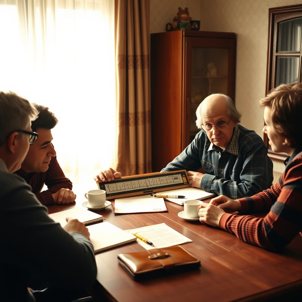 An engineer demonstrating a vintage slide rule beside a notebook and tea glasses at a family table