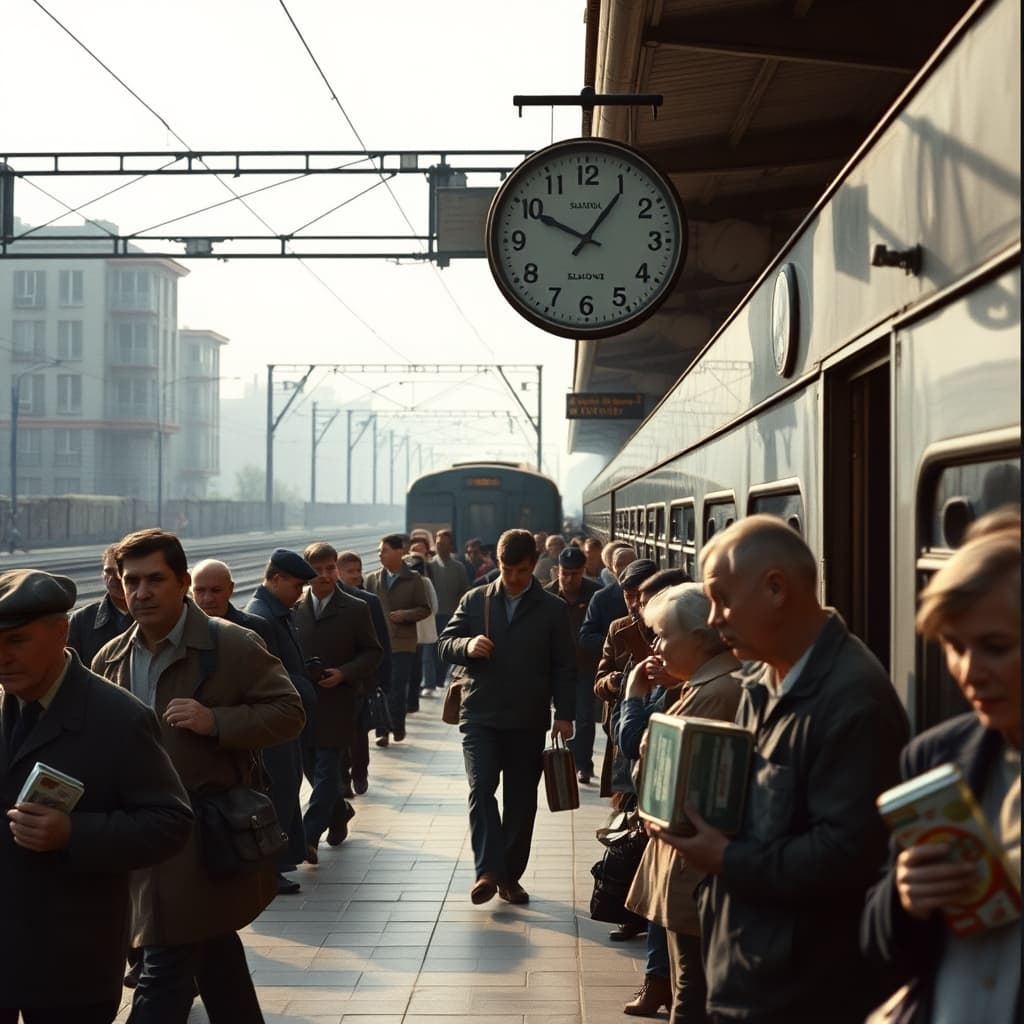 Commuters waiting beneath an analogue platform clock as a suburban train arrives on a nostalgic city morning