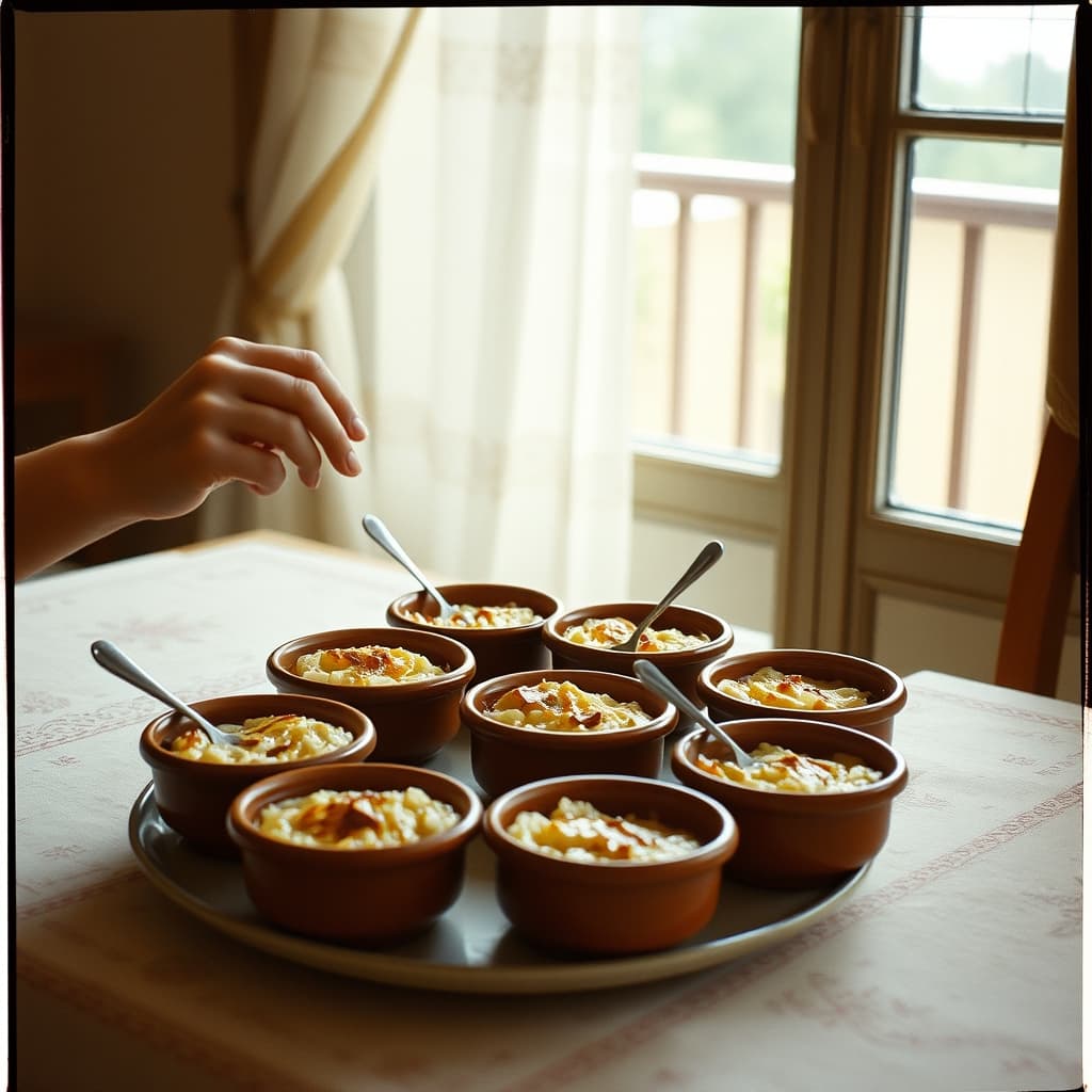 Brown-topped bowls of Turkish baked rice pudding cooling on a nostalgic family kitchen table