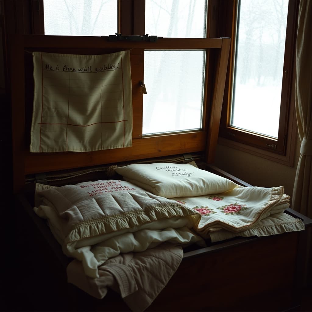 An open wooden quilt chest holding labelled folded textiles during a nostalgic household move