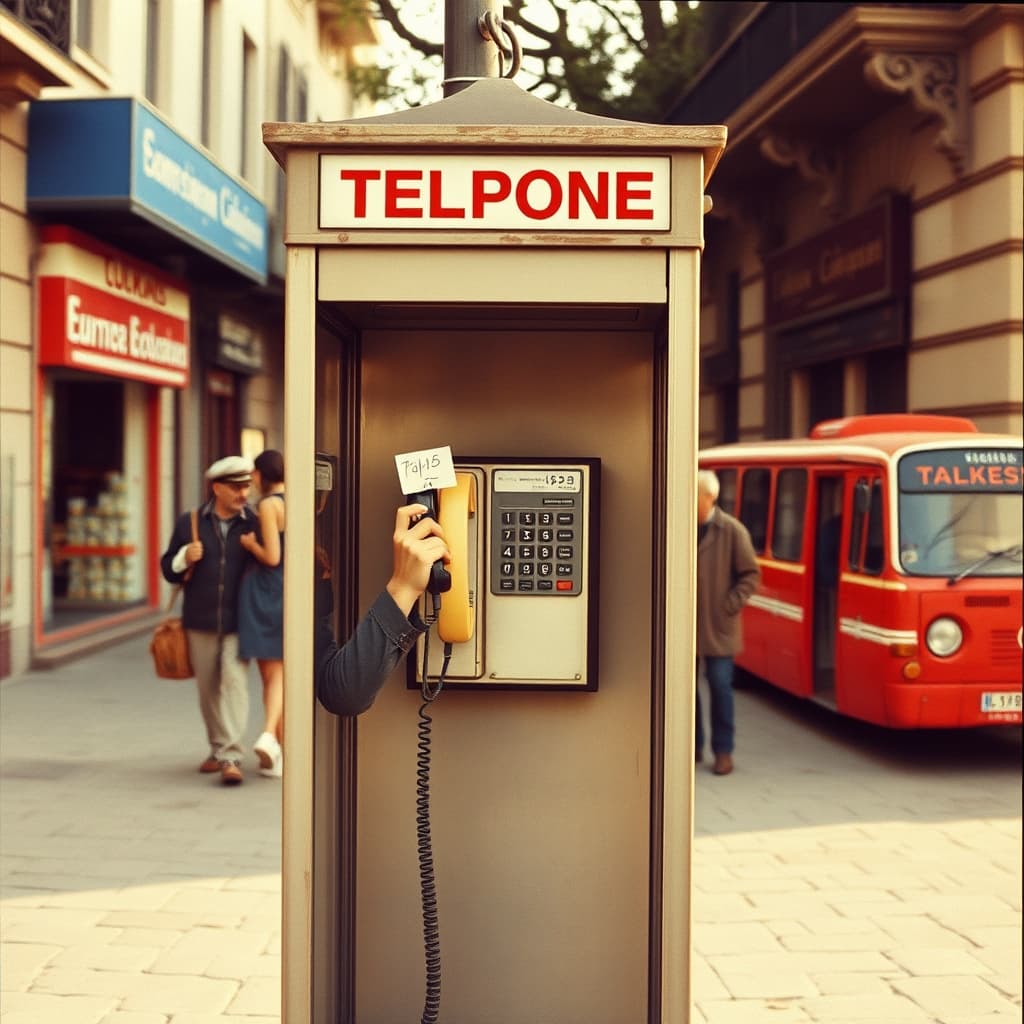 A caller with coins uses a public telephone booth while neighbours wait on a warm 1970s Turkish street