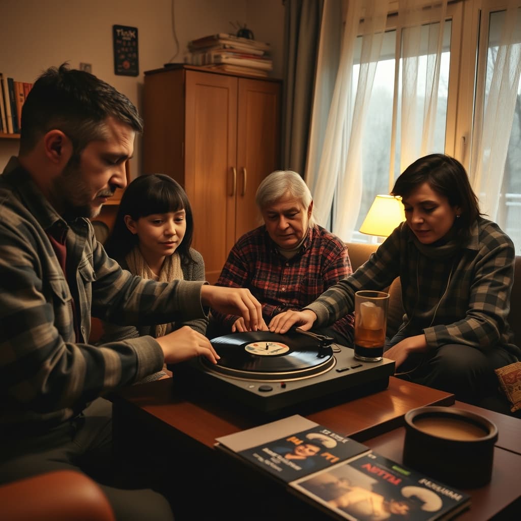 A family watching as a vinyl record is carefully placed on a turntable in the living room