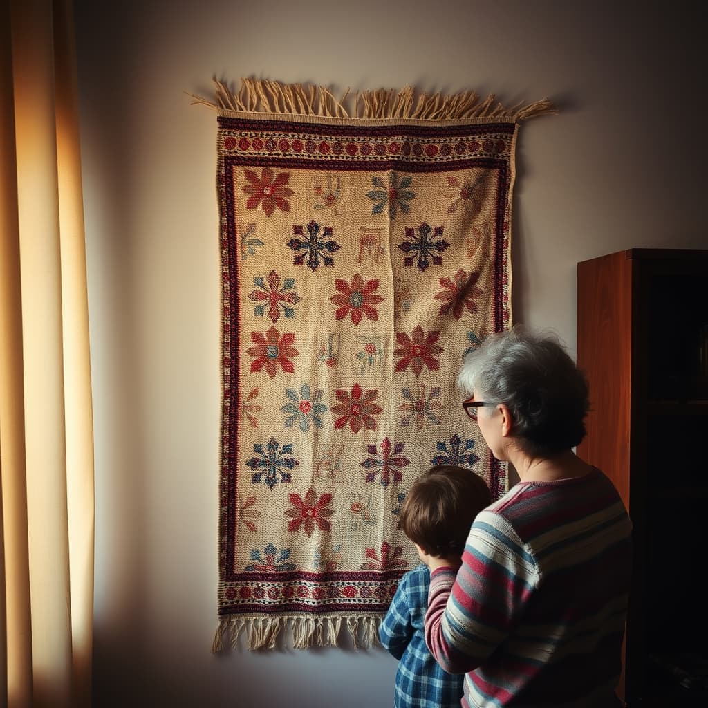 Two generations examining an inherited wall rug with visible weaving and a carefully repaired edge