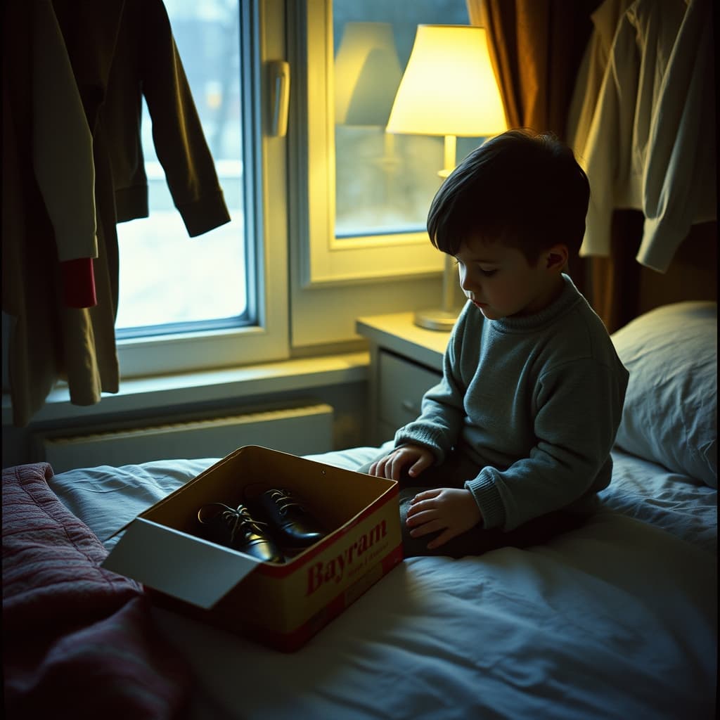 A child admiring polished new Bayram shoes waiting in their box on a winter night