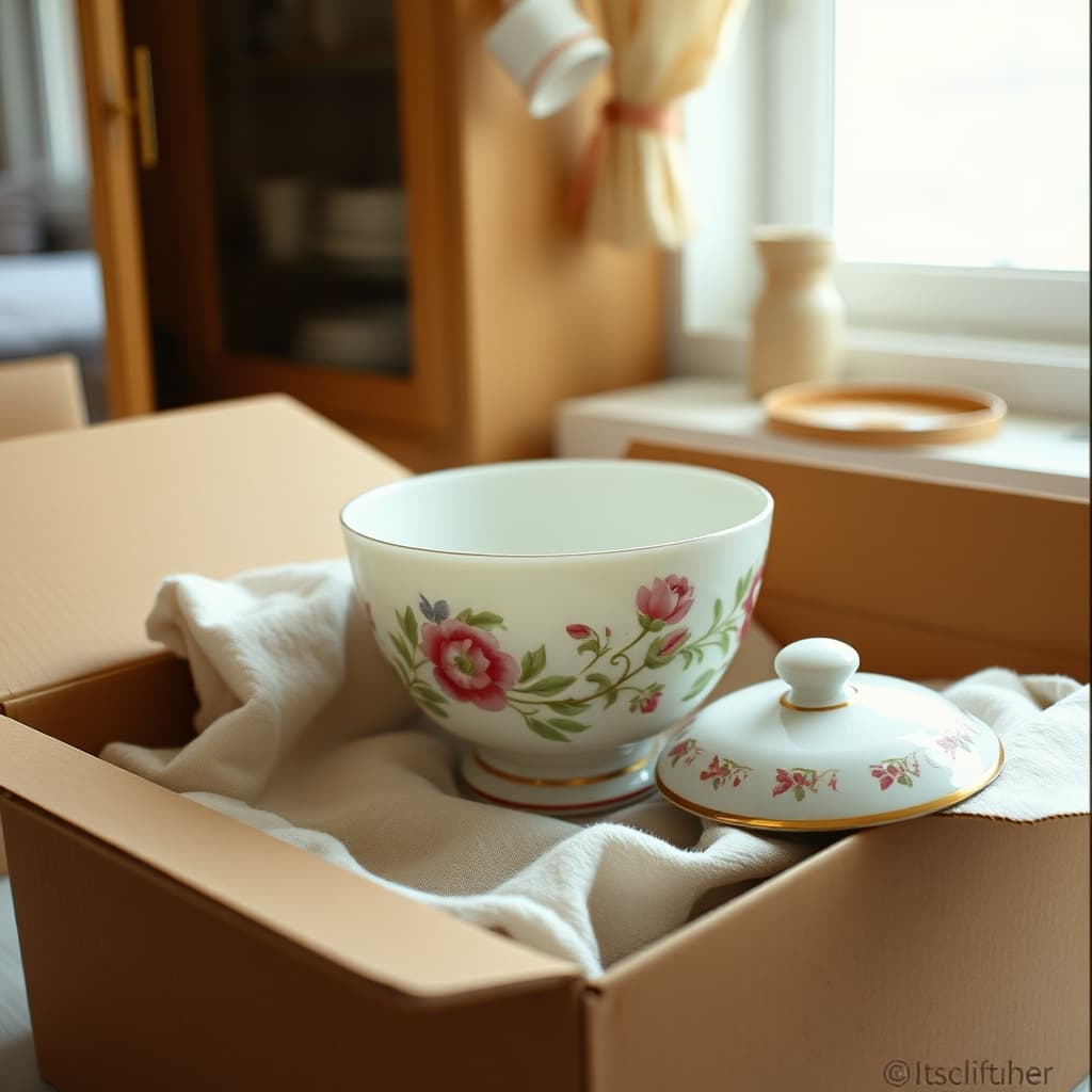 A floral porcelain sugar bowl and separate lid being carefully unpacked after a family move