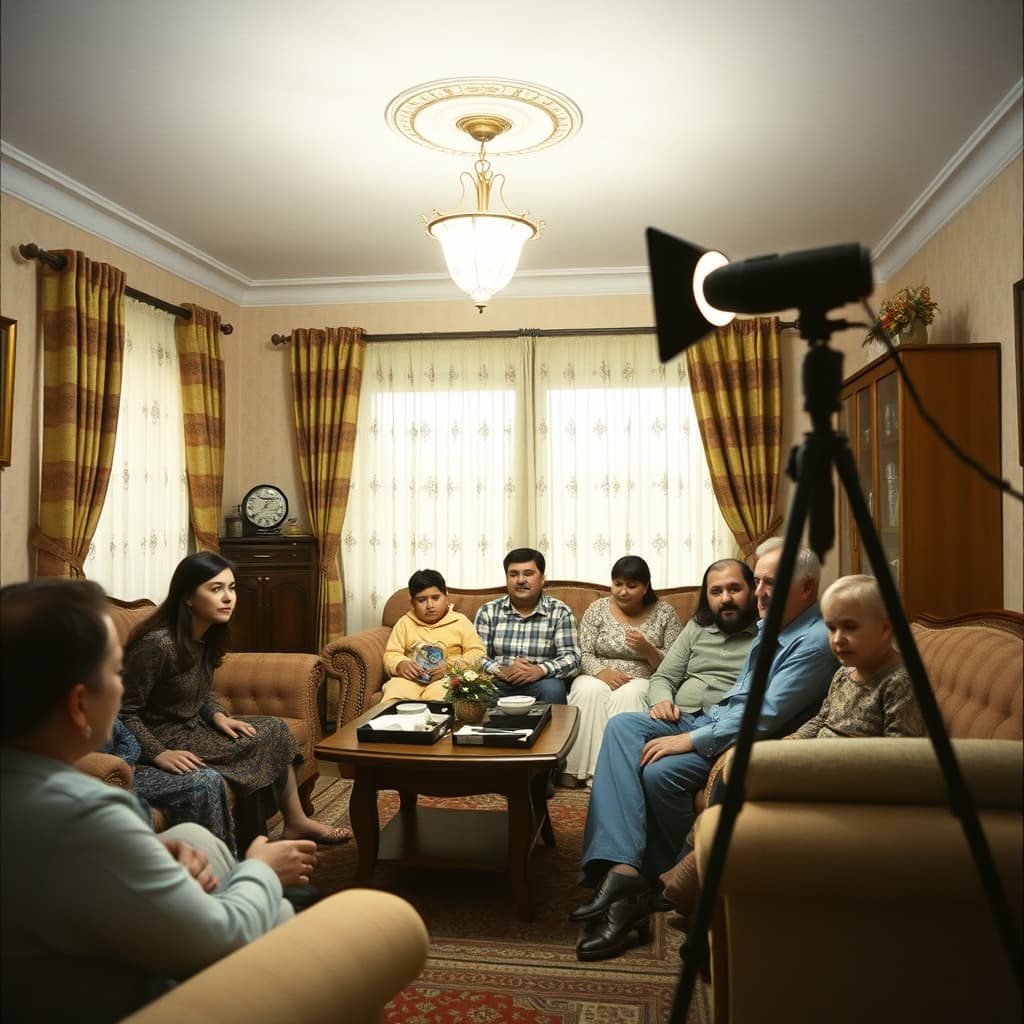 A photographer angling a bounce flash toward the ceiling while a family waits for an indoor portrait