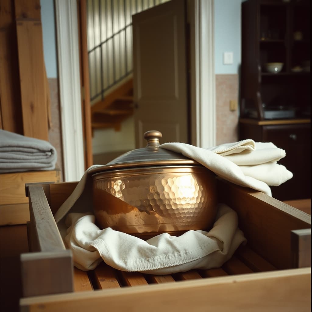 A hammered copper sahan is wrapped in cloth during a 1960s family move between Turkish homes