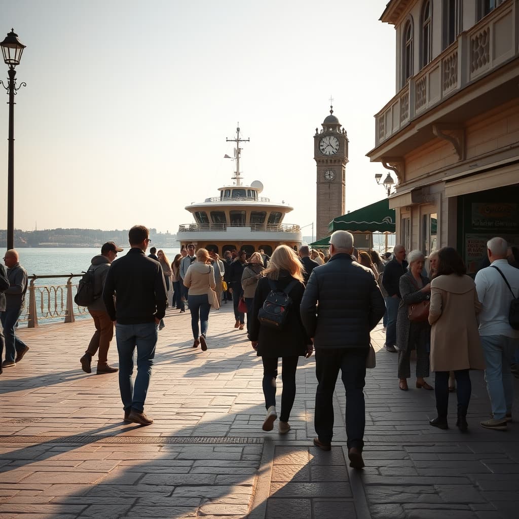 Friends and families finding one another beside a familiar landmark in a busy ferry square