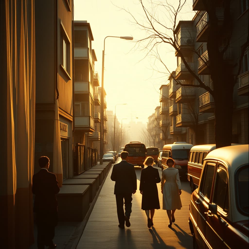 Families and early workers on a quiet Turkish city street during a 1970s holiday morning