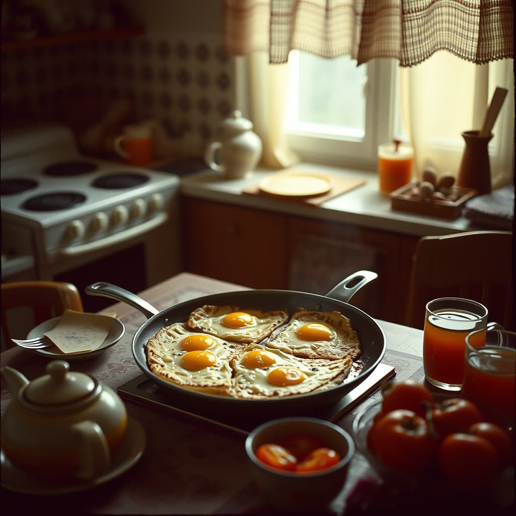 Slices of eggy bread frying in a pan beside a quiet family sahur table before dawn