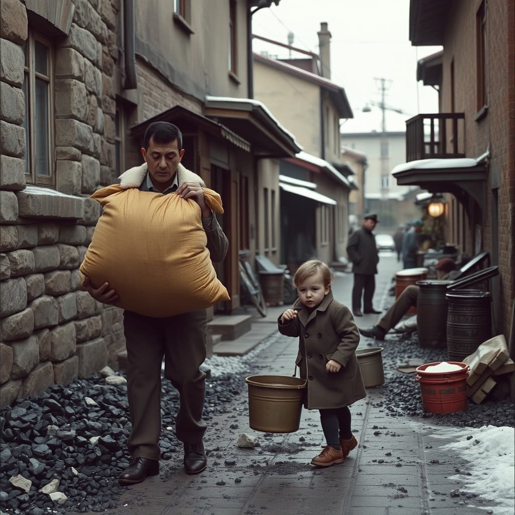 An adult coal porter handles a heavy sack while a schoolchild carries a small bucket on a 1960s winter street